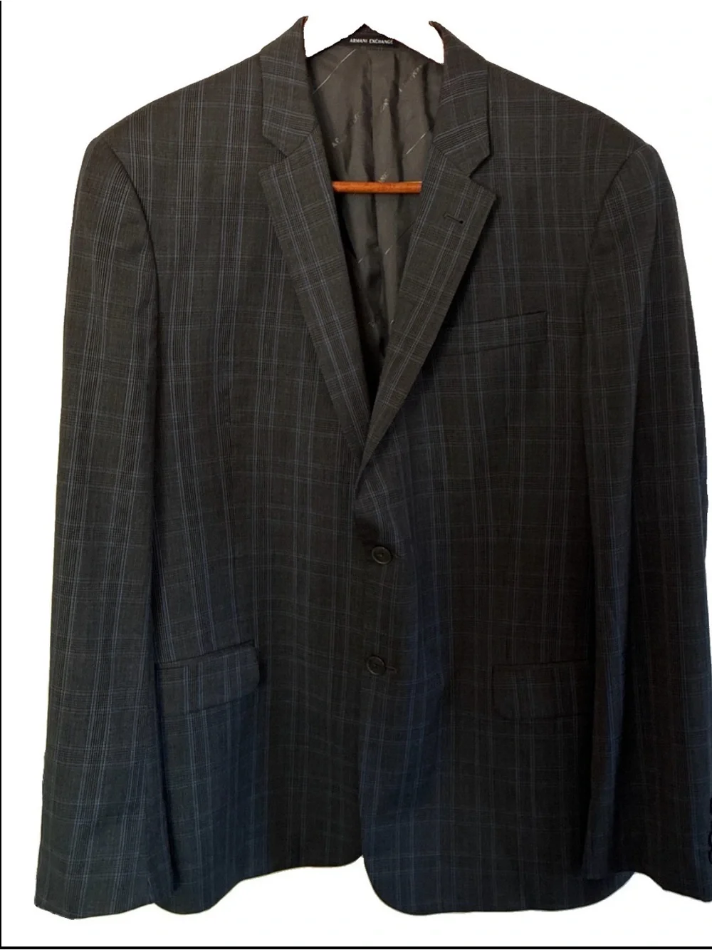AX Armani Exchange Men's Plaid Suit Jacket 44R Blue Gray-missing Cuff Button-GUC